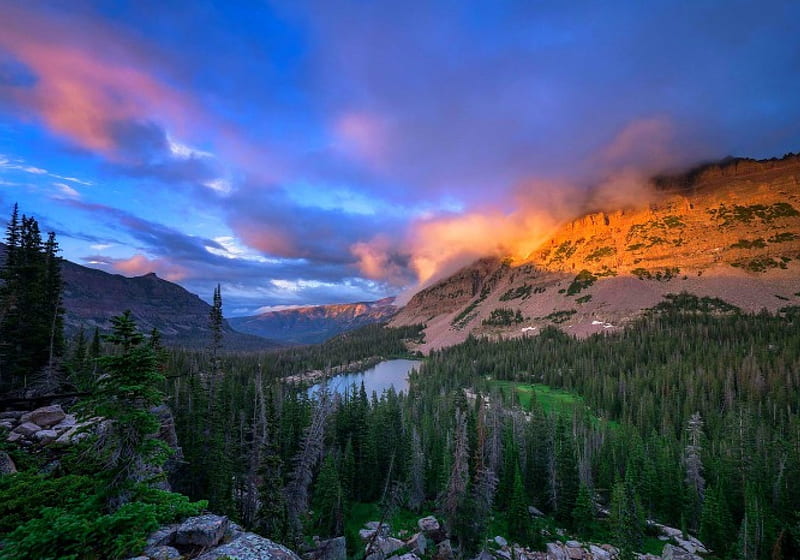 Kermsuh Lake, forest, bonito, sunset, sky, clouds, lake, valley, wilderness, mountains, Utah, HD wallpaper