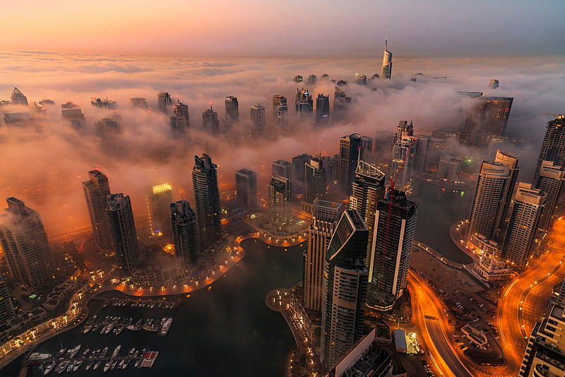 Dubai, dubai, world, lights, night, beautiful-places, clouds, sky, skycrapper, fog, evening, city, HD wallpaper