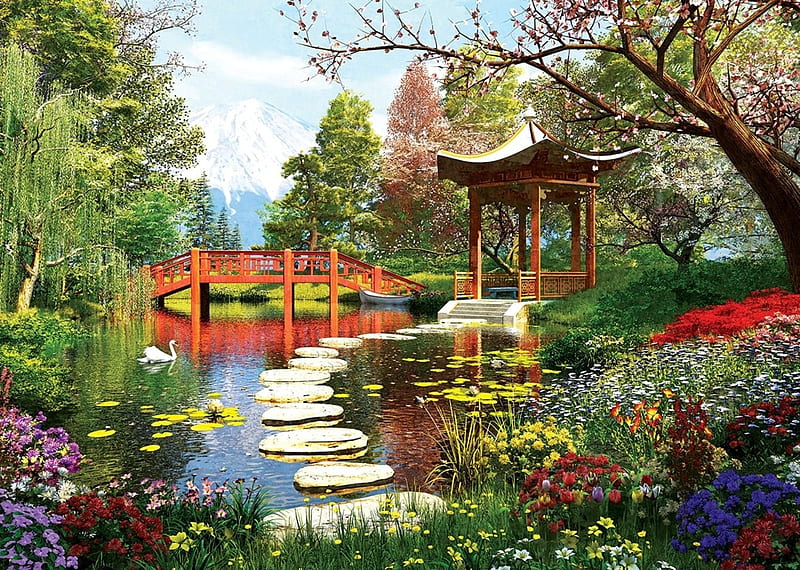 Spring, art, bridge, dominic davison, flower, pavilion, lake, HD wallpaper
