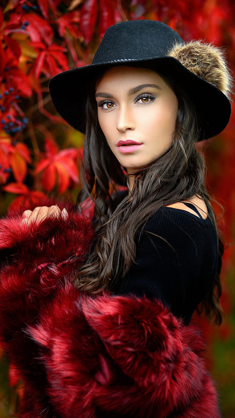 Red fur, fashion, female, fur, girl, hat, model, pretty, HD phone wallpaper
