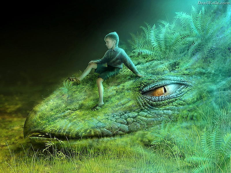 A Boy and His Loyal Friend, fantasy, lizard, boy, friend, green, dragon, reptile, HD wallpaper