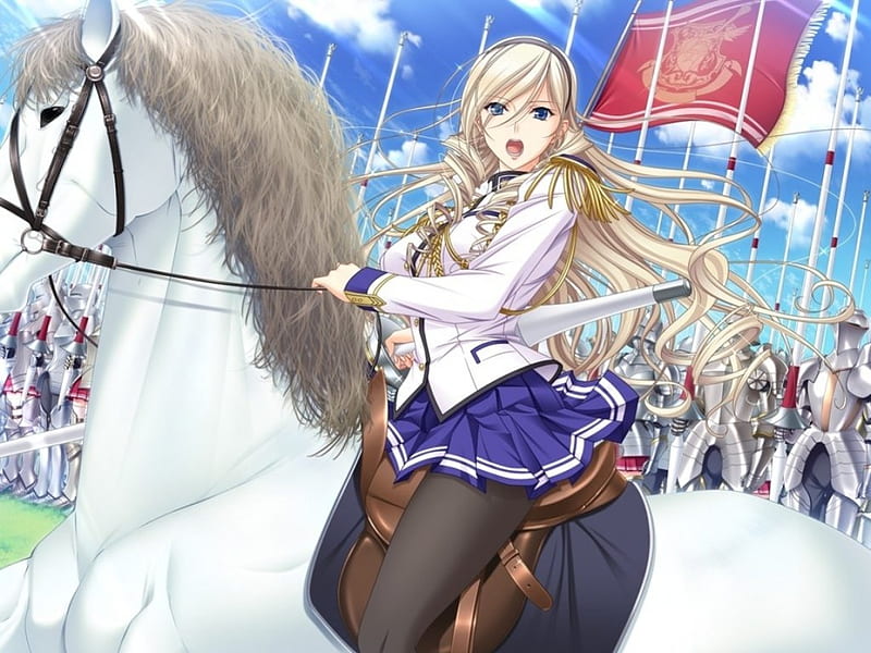 The duel, skirt, blonde, shouting, horse, sky, unifrom, animal, compeition, flags, anime, people, anime girl, long hair, duel, HD wallpaper