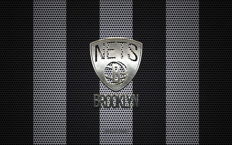 Brooklyn Nets logo, American basketball club, metal emblem, white and black metal mesh background, Brooklyn Nets, NBA, Brooklyn, New York, USA, basketball, HD wallpaper