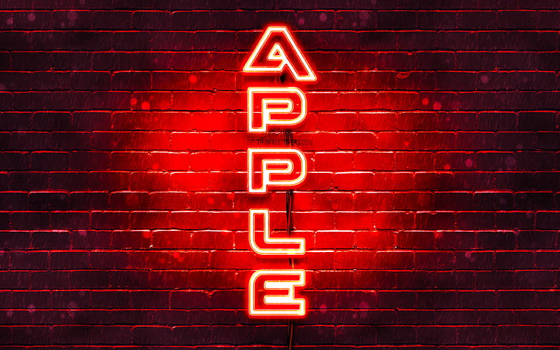 Apple red logo, vertical text, red brickwall, Apple neon logo, creative, Apple logo, artwork, Apple, HD wallpaper