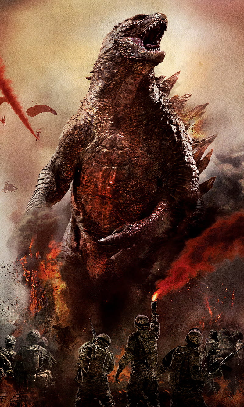 Godzilla, art, big, fantasy, fire, guns, monster, red, sky, sun, guerra, HD phone wallpaper