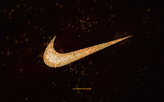 Nike glitter logo, black background, Nike logo, yellow glitter art