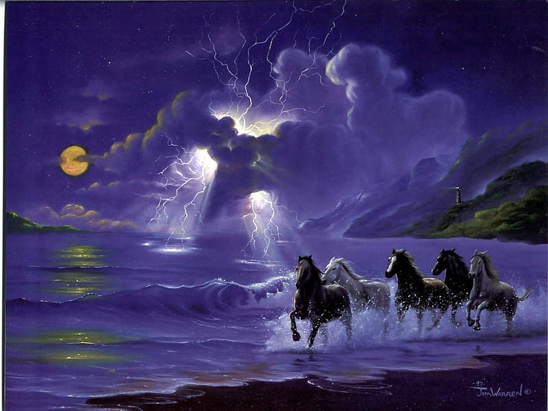 Art by Jim Warren, riders, ocean, shoreline, sky, clouds, storm, horses, sea, jim warren, moon, lightning, moonlight, colours, animals, night, HD wallpaper