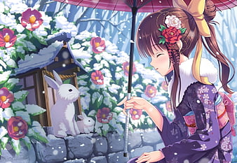 Male anime kimono night snow tree lamb wallpaper, 1440x1152, 800400