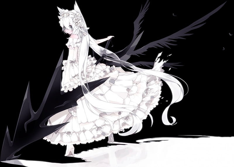 Mizushirazu, nekomimi, wings, headress, white hair, black, cute, girl, spear, white dress, weapon, HD wallpaper