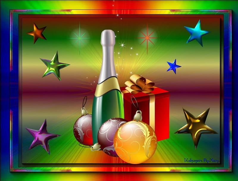 Christmas Goodies, ornaments, stars, holidays, christmas, champagne, gifts, HD wallpaper
