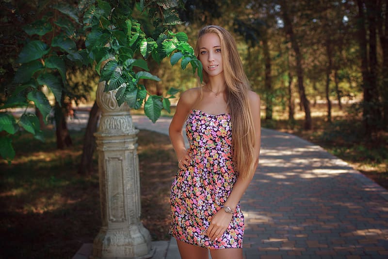 Alerander Drobkov, model, forest, dress, blonde, smile, HD wallpaper ...