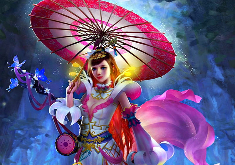 Fantasy girl, red, japanese, umbrella, game, woman, fantasy, girl, purple, asian, chinese, pink, blue, HD wallpaper