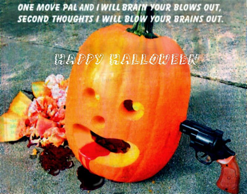 Blow brains out, text, gun, pumpkin, brains, blood, HD wallpaper