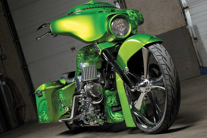 09 Harley Street Glide, Bike, Custom, Green, HD wallpaper