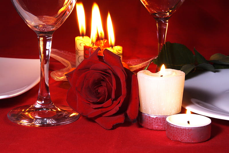 Romantic Dinner, romantic, romance, rose, glasses, candles, still life, Valentines, Valentines Day, love, Valentine, HD wallpaper