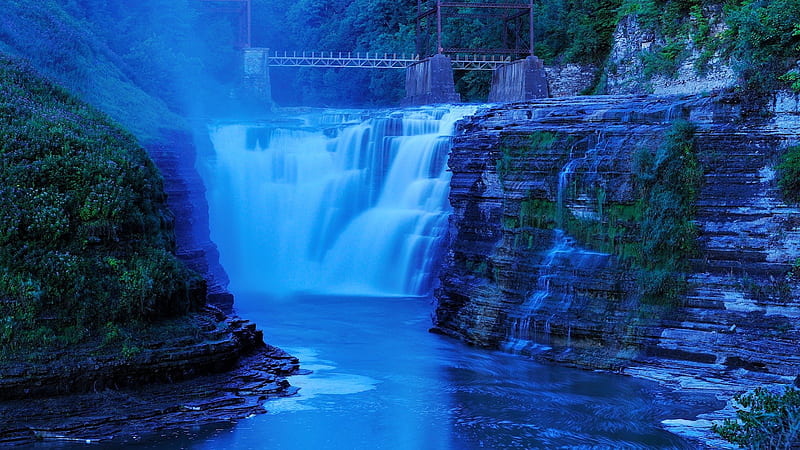 rail bridge over beautiful waterfall in blue hue, bridge, waterfall, gorge, river, cliff, blue, HD wallpaper