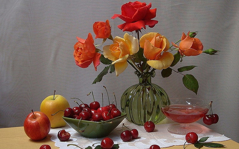 Roses Still Life, still life, roses, cherry, apples, HD wallpaper | Peakpx
