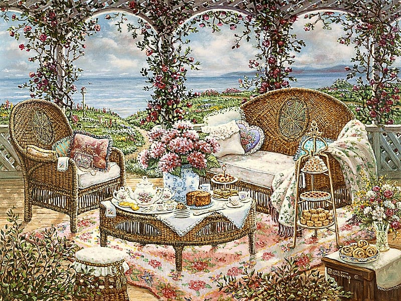 Afternoon Tea, painting, janet kruskamp, art, pictura, flower, water, terrace, sea, tea, afternoon, HD wallpaper