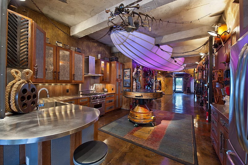 Steampunk Kitchen, interior, table, decoration, kitchenware, HD wallpaper