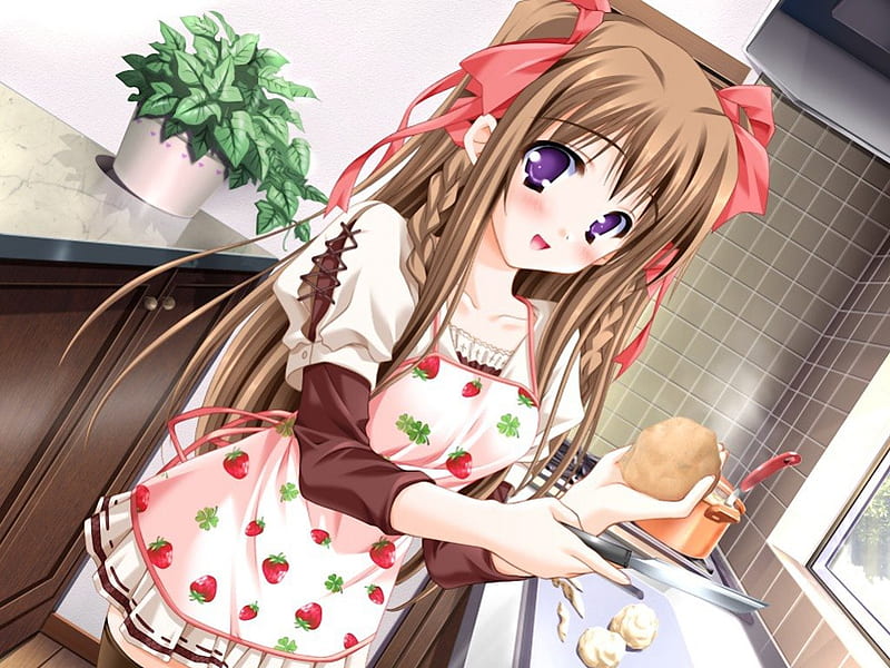 Yukina Tomoe, red, nursery rhyme, strawberry, food, anime, cook, anime girl, HD wallpaper