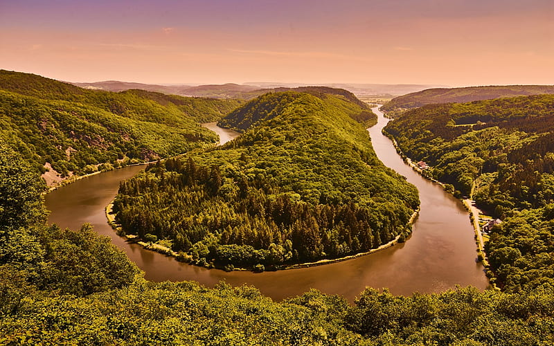 Saar river, Sarre, Saarland, sunset, evening, green hills, forest, green trees, Germany, HD wallpaper
