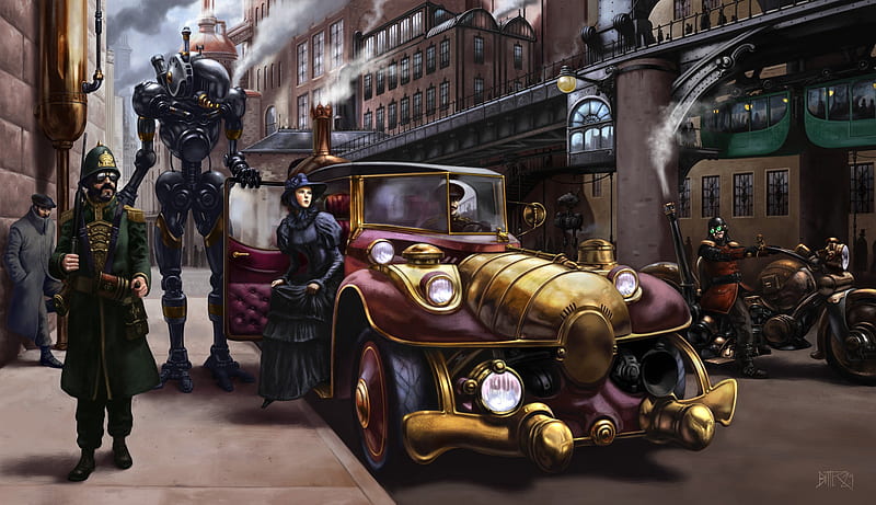Steampunk, CG, future, car, HD wallpaper