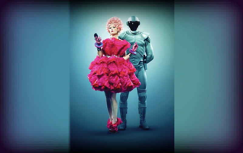 Elizabeth Banks as Effie Trinket, dress, The Hunger Games, movie, by cehenot, woman, robot, Elizabeth Banks, Effie Trinket, fantasy, girl, pink, blue, HD wallpaper