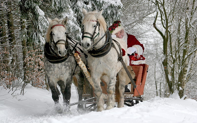 Santa Claus, sleigh, winter, horses, Christmas, HD wallpaper