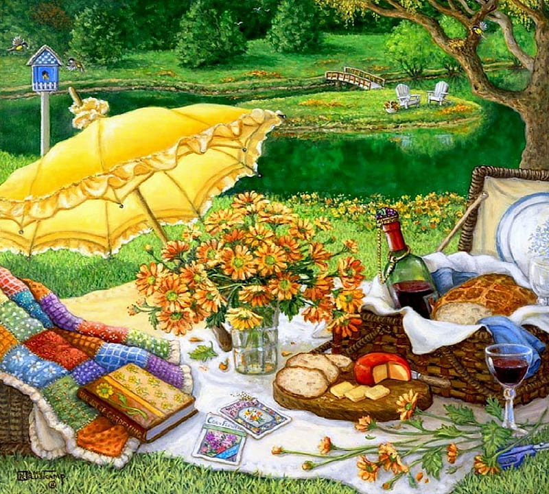 ★Afternoon Picnic★, getaways, baskets, stunning, books, umbrella, attractions in dreams, bonito, picnic, foods, afternoon, paintings, parks, flowers, cheeses, scenery, lakes, lovely, wine, colors, love four seasons, places, creative pre-made, trees, daisies, breads, nature, relaxing, HD wallpaper