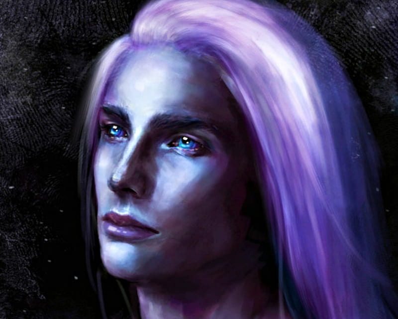 Purple moon, art, male, fantasy, black, kanamm, man, blue eyes, HD wallpaper