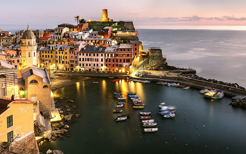 Vernazza, Mediterranean Sea, coast, beautiful city, bay, evening, sunset, Province of La Spezia, Italy, HD wallpaper