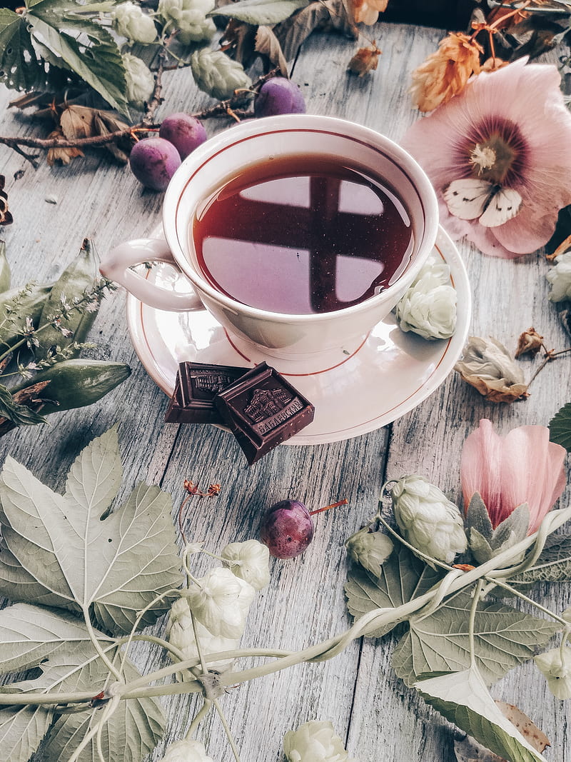 tea, cup, plum, chocolate, flowers, HD phone wallpaper