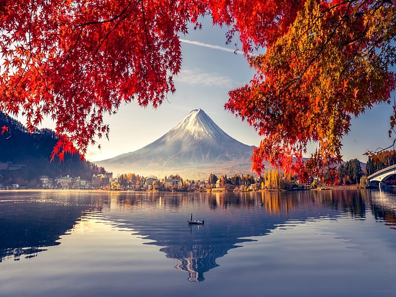 Mt Fuji as From Across the Lake Kawaguchiko, scenery, lake, mountain, japan, water, autumn, red leaves, HD wallpaper