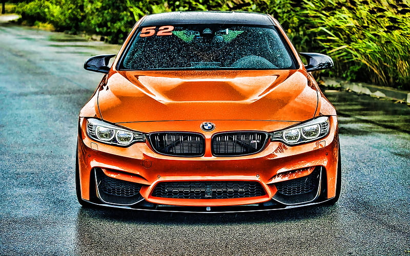  BMW M4, vista frontal, tuning, F8, autos, lluvia, m4 sintonizado, superdeportivos, m4 naranja, Fondo de pantalla HD