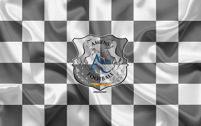 Amiens SC logo, creative art, white gray checkered flag, French football club, Ligue 1, emblem, silk texture, Amiens, France, football, HD wallpaper