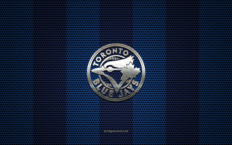 Toronto Blue Jays logo, Canadian baseball club, metal emblem, blue metal mesh background, Toronto Blue Jays, MLB, Toronto, Ontario, Canada, USA, baseball, HD wallpaper