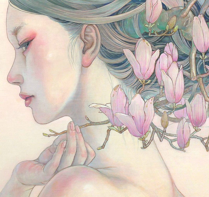 Magnolia, art, frumusete, luminos, spring, fantasy, girl, hand, flower, asian, chalk, face, mihohirano, pink, HD wallpaper