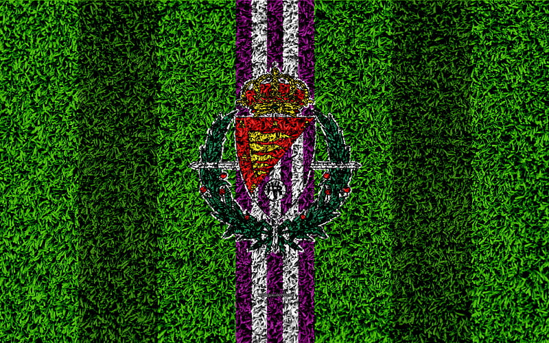 Real Valladolid CF, logo football lawn, Spanish football club, LaLiga2, purple white lines, grass texture, Segunda, Division B, Valladolid, Spain, football, Valladolid FC, HD wallpaper