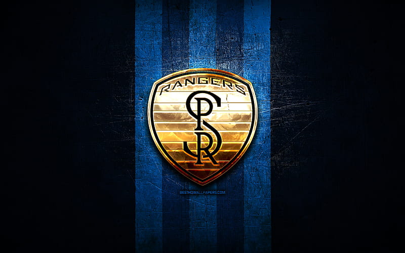 Swope Park Rangers FC, golden logo, USL, blue metal background, american soccer club, United Soccer League, Swope Park Rangers logo, soccer, USA, HD wallpaper
