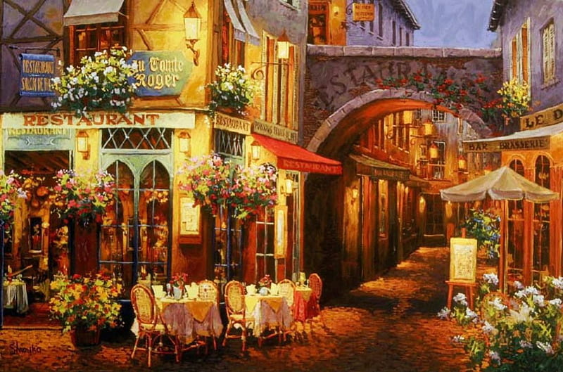 Evening in Paris, painting, restaurant, street, houses, HD wallpaper