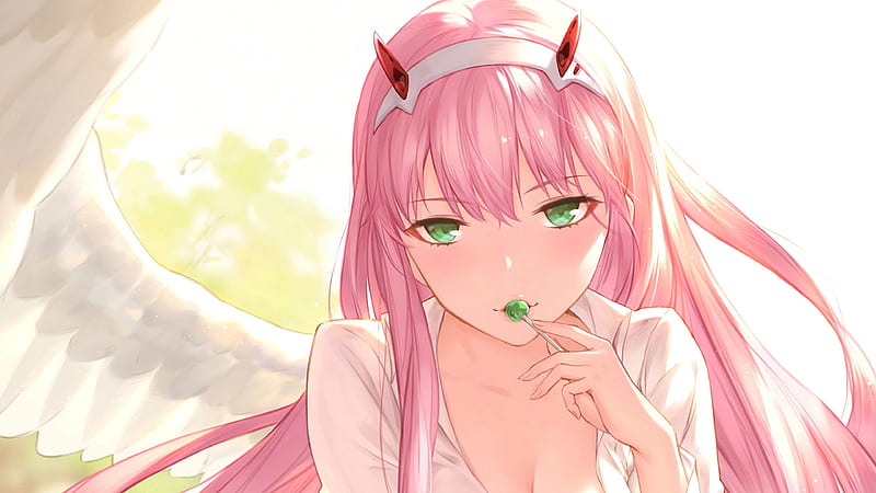 darling in the franxx zero two tasting green lollipop with shallow background anime, HD wallpaper