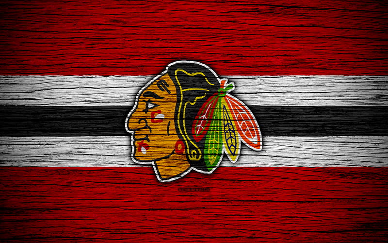Chicago Blackhawks NHL, hockey club, Western Conference, USA, logo, wooden texture, hockey, Central Division, HD wallpaper