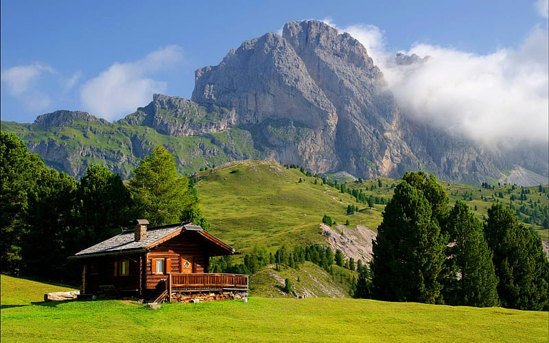 Val Gardena-Italy, rocks, hut, house, grass, cottage, Italy, cabin, bonito, mountain, nice, peaks, hills, rest, vacation, lovely, mountainscape, lonely, sky, Val Gardena, wooden, HD wallpaper