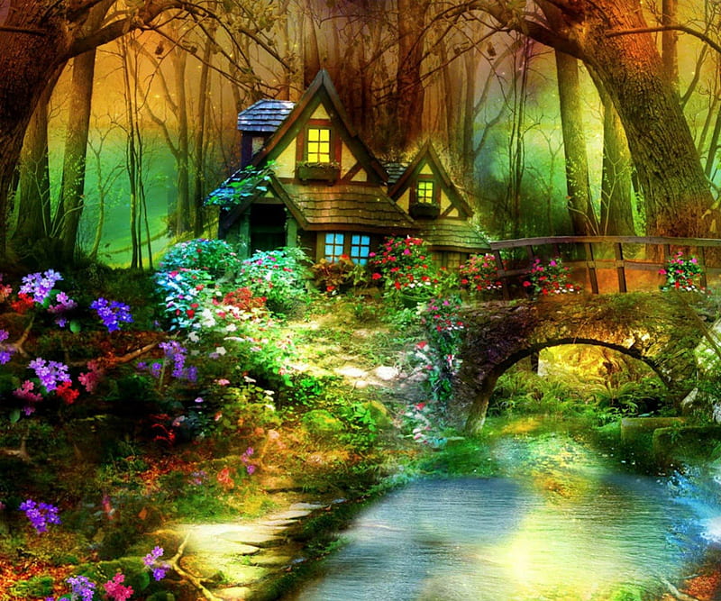 Colorful View, rustic, bridge, painting, flowers, creek, little house, trees, HD wallpaper