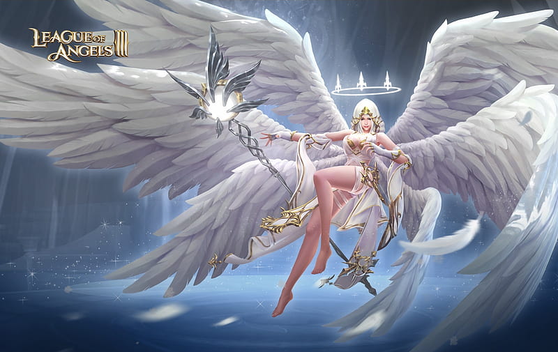 Angel, frumusete, fantasy, wings, luminos, girl, white, blue, league of angels, HD wallpaper