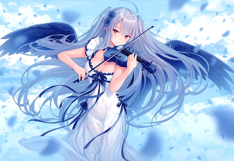 Angel, violin, wings, girl, anime, manga, blue, yashiro seika, instrument,  white, HD wallpaper | Peakpx