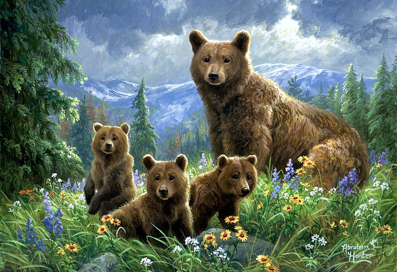 Joyful Meadow, painting, flowers, bears, cubs, clouds, trees, artwork, landscape, HD wallpaper