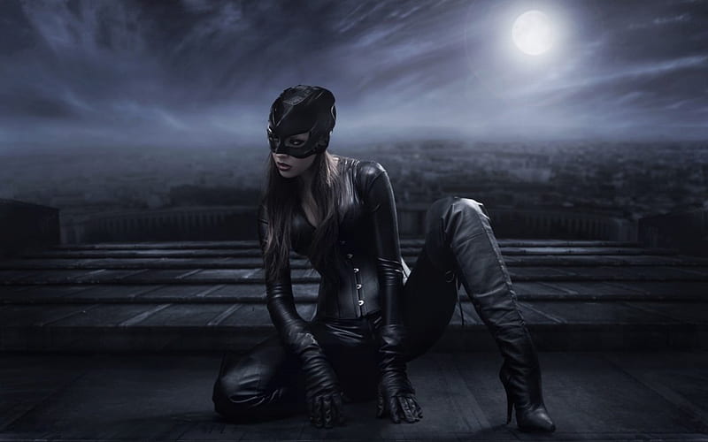 Catwoman, look, boots, full moon, posture, mask, HD wallpaper