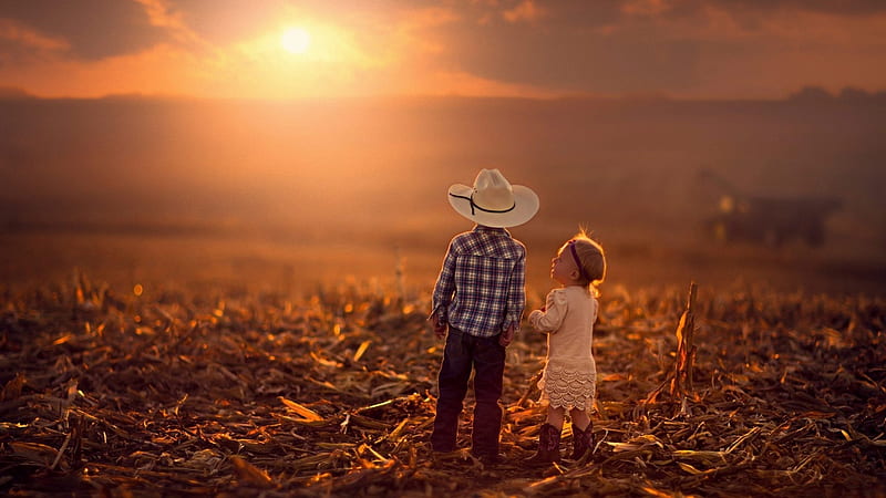 Blooming Love . ., hats, boots, cowgirl, ranch, children, sunset, outdoors, cowboy, kids, blondes, western, HD wallpaper