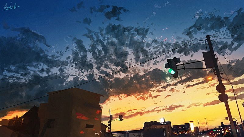sunset, anime landscape, cityscape, buildings, sky, clouds, Anime, HD wallpaper